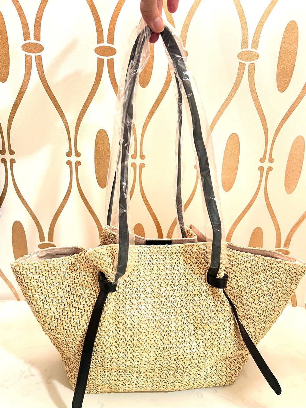 Woven Straw Tote Bag with Black Trim - Picture 4 of 11